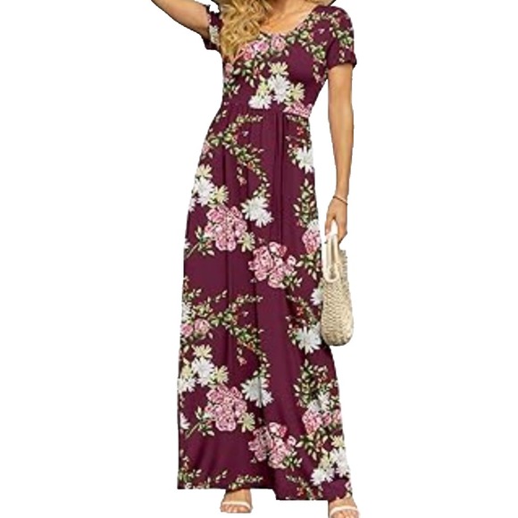 DB MOON Red Maxi Dress Size‎ M Short Sleeve Empire Waist Boho Long Gown - Picture 1 of 12